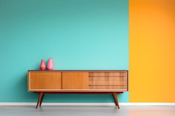 Wooden sideboard on colorful blue wall background electric retro interior