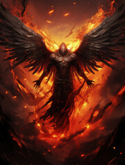 An illustration_of an dark angel flying above flames.