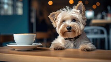 Dog in a coffee shop with latte 