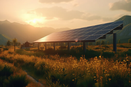 Solar panel system, Photovoltaic panels on the roof at sunrise and sunset in countryside from above. 3d render illustration. Generative AI.