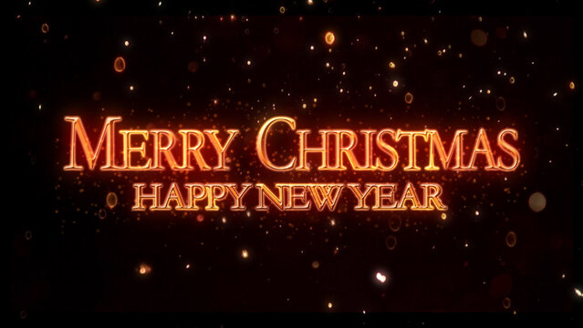 Merry Christmas with happy new year with glowing particles animation video. Animated text merry Christmas golden glowing text with particle reflection