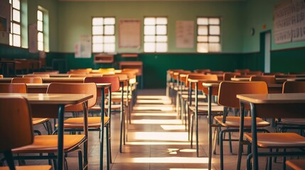 Empty Classroom Back to school concept in high school Classroom Interior Vintage Wooden Lecture Wooden Chairs and Desks Studying