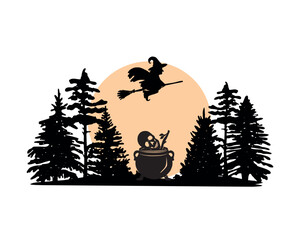 halloween landscape with orange sun vector silhouette. silhouette of a flying witch on a broom vector