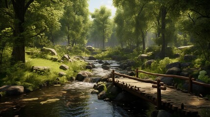 Fototapeta na wymiar A charming wooden bridge spanning a bubbling creek in the heart of a sun-dappled Scandinavian forest, inviting exploration