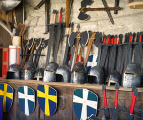 Rack with helmets, shields and swords
