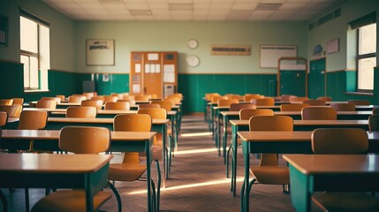 Empty Classroom Back to school concept in high school Classroom Interior Vintage Wooden Lecture Wooden Chairs and Desks Studying