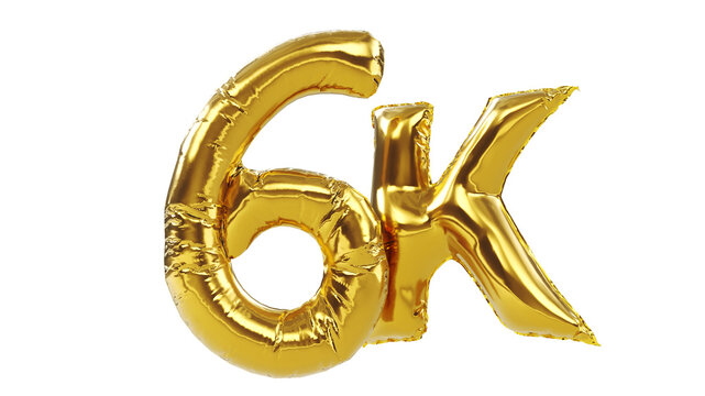 3D render of Golden 6K sign isolated on white background, 6k followers celebration.