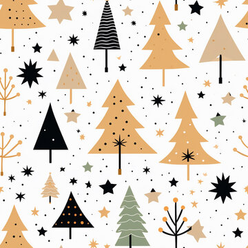 Christmas elements in modern minimalist geometric style. Colorful illustration in flat vector cartoon style. Xmas tree with geometrical patterns, stars and abstract elements
