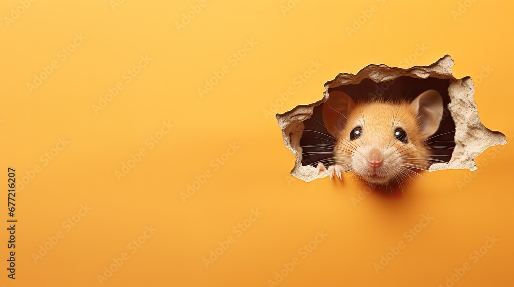 Aufkleber a hamster peeks out of a hole in a paper on an orange background with a hole in it. generative ai
