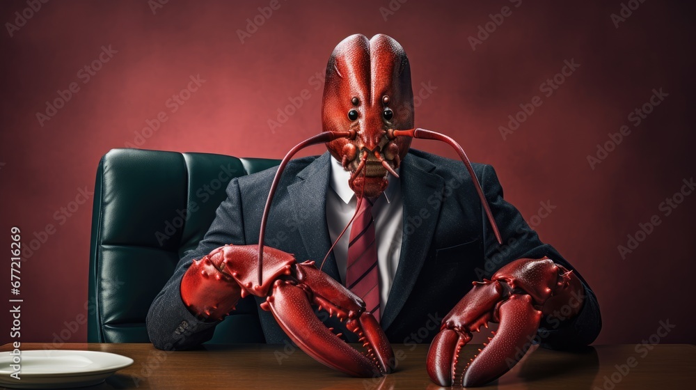 Poster a man in a suit and tie sitting at a table with two lobsters in front of him and a plate in front of