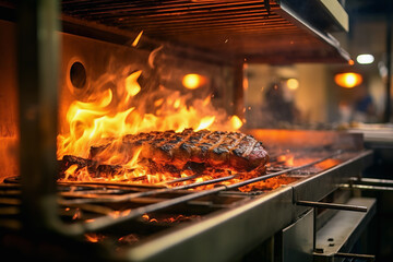 Close up of burning grill meat for dinner in the oven in background of modern restaurant. Cooking...