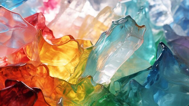 A close-up of recycled glass, refracting sunlight in a dance of colors, symbolizing the transformative power of recycling