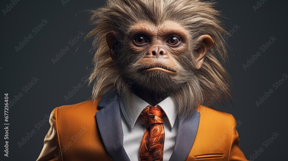 Poster a monkey wearing a suit and tie with a suit on it's lapel and a tie with a monkey on it's lapel. gen
