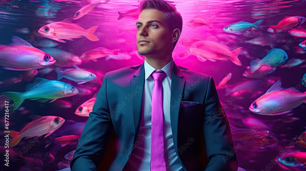 Aufkleber a man in a suit and tie standing in front of a large amount of fish in a pool of water. generative a