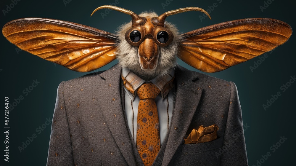 Poster a close up of a person wearing a suit and tie with a bug like creature on it's head. generative ai