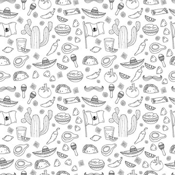 Mexican seamless pattern in doodle style