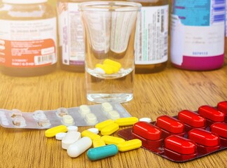 Colorful medication and pills. Close-up of Capsule. Heap of pills. Pills and tablets as Medical...