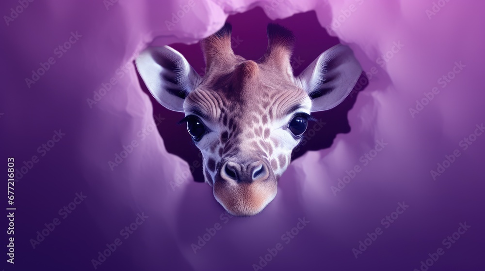 Canvas Prints  a close up of a giraffe's face through a hole in a purple paper with a purple background.  generative ai