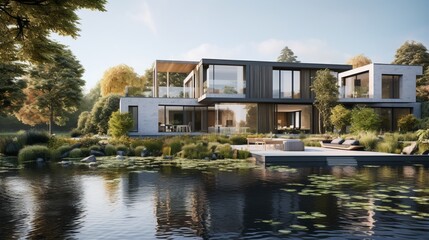Fototapeta na wymiar A contemporary Dutch dwelling, surrounded by water features and greenery, stands as a testament to architectural innovation and aesthetic sophistication