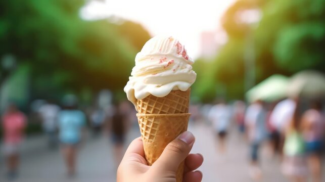 Female hand holding an ice cream cone social media style photo food and travel destination concept 