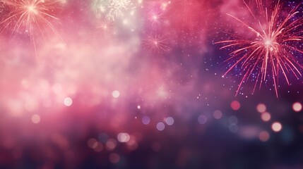 Abstract gold, Pink and purple glitter background with fireworks, Celebration and anniversary concept, copy space christmas eve, 4th of july holiday concept, generative ai