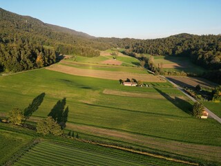 Aerial horizontal image of a green field with a forest on a hill in the distance and a clear sky