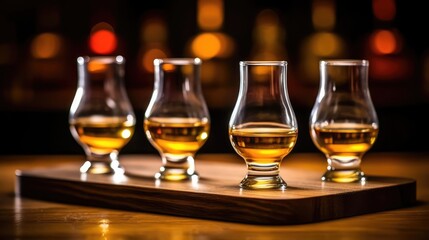 Flight of whiskey for tasting on a bar counter with a blurred background 