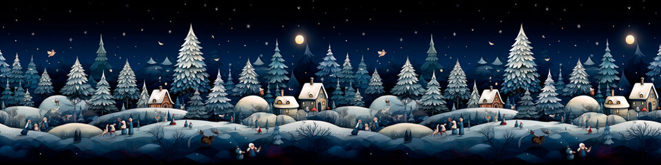 seamless border with Christmas trees, stars, gnomes, snowflakes, cartoon style