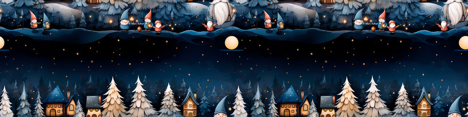 Fototapeta premium seamless border with Christmas trees, stars, gnomes, snowflakes, cartoon style