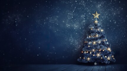 beautiful Christmas tree with Christmas lights, glass mosaic, shiny and glittery, dark blue background, copy space