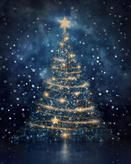 beautiful Christmas tree with Christmas lights, glass mosaic, shiny and glittery, dark blue background, copy space