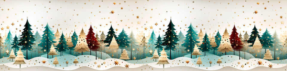 Naklejka premium seamless border with Christmas trees, stars, gnomes, snowflakes, cartoon style