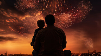 Silhouette of father and son watching a fireworks festival, generative ai - obrazy, fototapety, plakaty