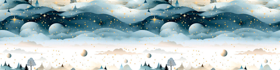 seamless border with Christmas trees, stars, gnomes, snowflakes, cartoon style