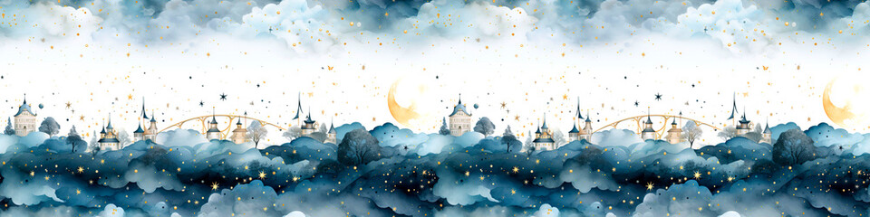 Naklejka premium seamless border with Christmas trees, stars, gnomes, snowflakes, cartoon style