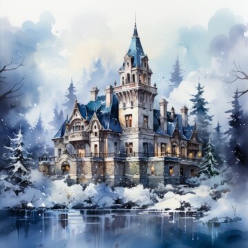 majestic watercolor-style image of a winter wonderland castle, generative ai 
