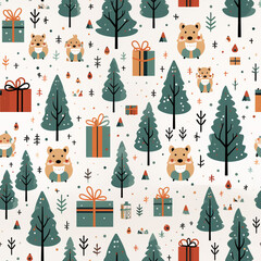 Christmas elements in modern minimalist geometric style. Colorful illustration in flat vector cartoon style. Xmas tree with geometrical patterns, stars and abstract elements