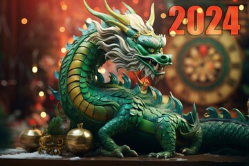 Fototapeta premium Year of the dragon, Chinese style New Year card. The fabulous green wooden dragon. A cute cartoon green dragon.