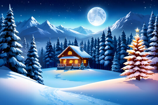 Winter picture. Beautiful colorful night at the foot of a snowy mountain