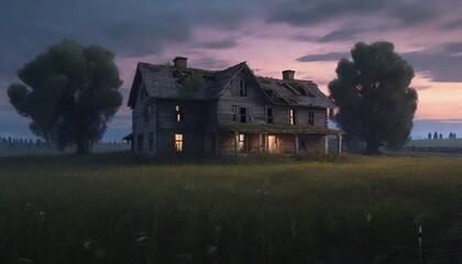 Fototapeta na wymiar Enigmatic Abandoned Farmhouse Amidst a Mysterious Meadow at Twilight - AI Generated version 2 