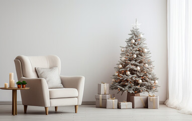 Living room christmas interior in modern style. Christmas tree with gift boxes. rattan chair on wall mockup.
