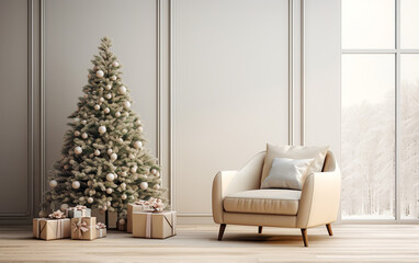 White interior with white christmas tree and white armchair in white wall background