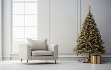 White interior with white christmas tree and white armchair in white wall background