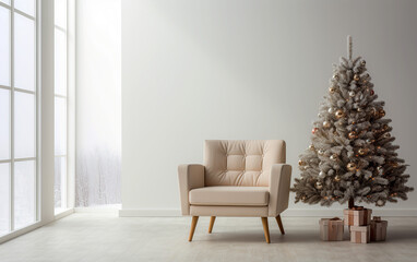 Cream colored wall in a festive living room frames the Christmas interior mockup