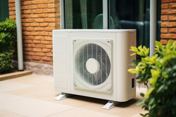 A large white air conditioning ventilation unit stands outside in front of a residential building.