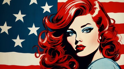 1960 bombshell art model, red hair, american flag, 16:9