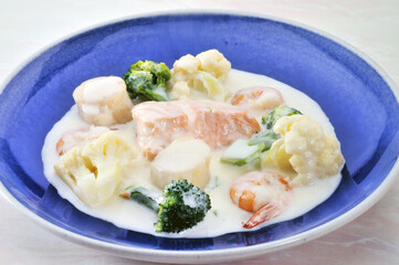 white stew of red salmon