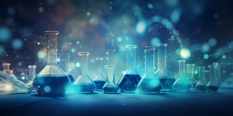 Science Chemistry Background ,Background Laboratory in a chemistry,A blue and green science lab glass beakers with a blue background and a dna molecules with generative ai
 - obrazy, fototapety, plakaty