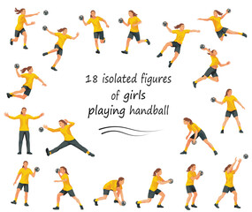 Fototapeta na wymiar 18 vector isolated figures of women's handball players and goalkeepers in yellow sports uniform jumping, running, catching the ball, standing