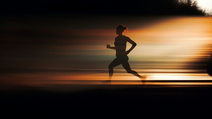 woman jogger, long exposure and deep distance move blur, copy space, 16:9